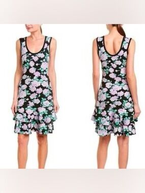 Ronny Kobo Collection Haya Black Lilac Floral Scoop Neck Knit Ruffle Hem Dress S